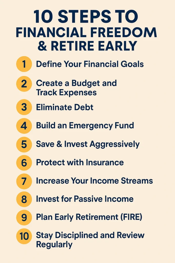 10 Steps to Financial Freedom and Retire Early – Wealth Building Guide Infographic showing 10 steps to financial freedom and early retirement including budgeting, investing, FIRE planning, and staying disciplined.