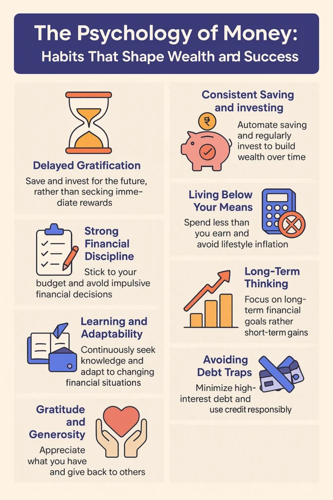 The Psychology of Money: Habits That Shape Wealth and Success Infographic showing 8 money habits that shape wealth including delayed gratification, consistent saving, living below means, financial discipline, and generosity.