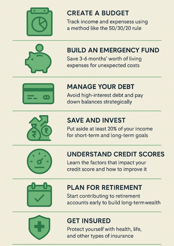 Infographic: Personal finance basics—8 steps covering budgeting, emergency fund, debt, investing, credit score, retirement, insurance, mindset Infographic: Personal finance basics—8 steps covering budgeting, emergency fund, debt, investing, credit score, retirement, insurance, mindset