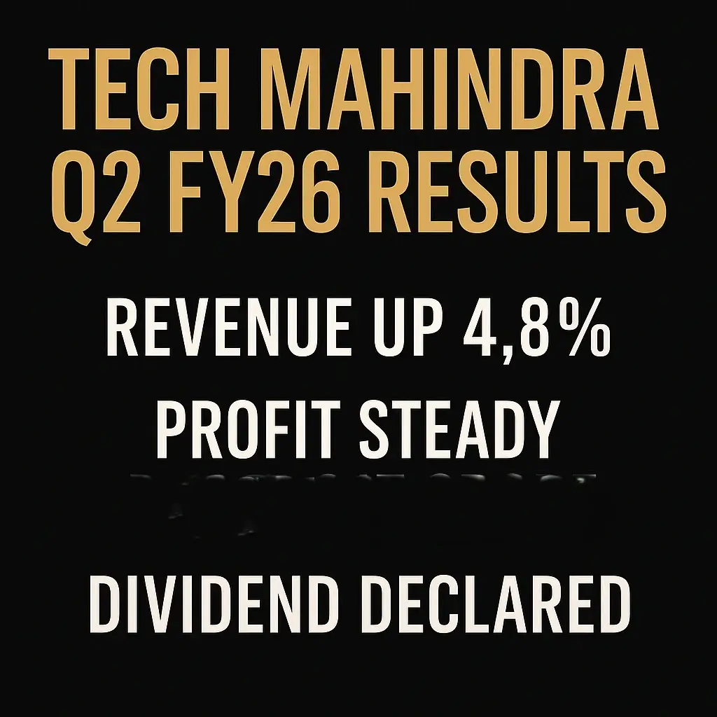 Tech Mahindra Q2 FY26 results graphic showing 4.8% revenue growth, ₹12,017 crore profit, and dividend announcement in dark gold cinematic theme