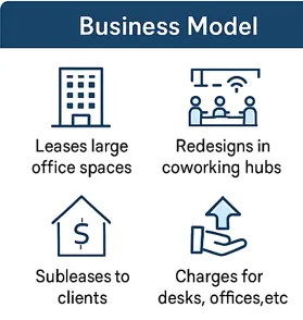 "WeWork India Business Model – Coworking Space Revenue Approach" Infographic of WeWork India business model showing leasing office spaces, redesigning into coworking hubs, subleasing to clients, and charging for desks and offices.