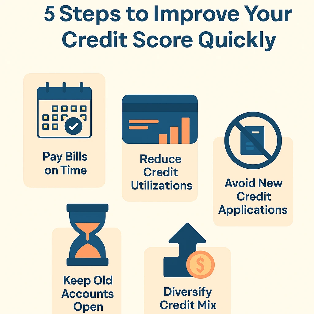 5 Steps to Improve Your Credit Score Quickly – Practical credit improvement tips Infographic showing 5 steps to improve credit score quickly including paying bills on time, reducing utilization, avoiding new applications, keeping old accounts open, and diversifying credit mix.