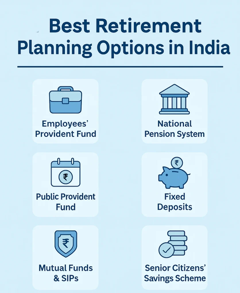7 Best Retirement Planning Options in India – EPF, PPF, NPS, SIPs, and more Infographic showing 7 best retirement planning options in India including EPF, PPF, NPS, mutual funds, fixed deposits, and SCSS.